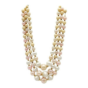 JAPAN Pink White Graduated Pearl Three Strand Necklace Gold Tone Hook Closure